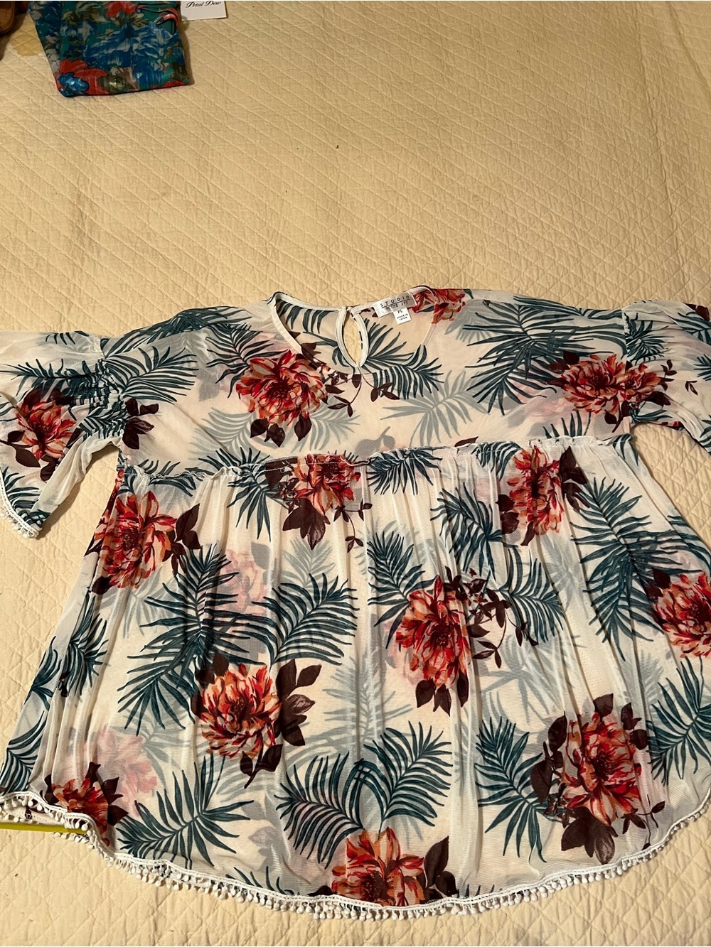 Studio Floral Off-White Tunic with Teal Palm Print